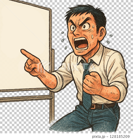 ホワイトボードを使って熱く指導する講師の表情、 災害対策を真剣に訴えるセミナー講師の姿、 指差しで強 128185209