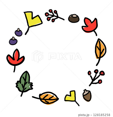 かわいい秋の葉っぱや木の実の手描きフレーム 128185258