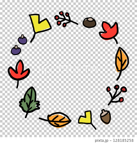 かわいい秋の葉っぱや木の実の手描きフレーム 128185258