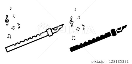 Linear icon. Wooden flute plays a melody. Notes rise up into air. Simple black and white vector isolated on white background 128185351