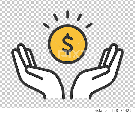 Illustration of a hand protecting a dollar coin | Simple icon for saving, saving money, and increasing financial luck Vector material 128185429
