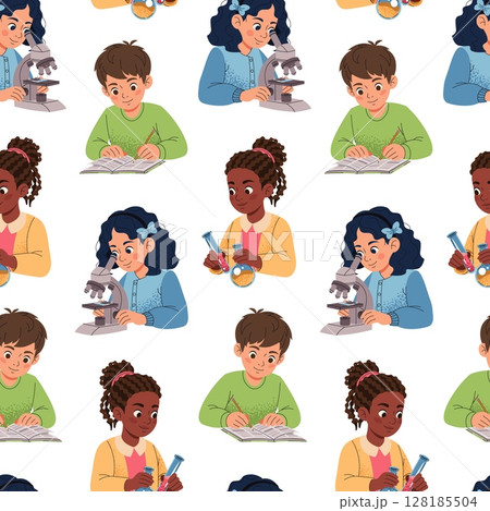 Seamless Pattern with Schoolchildren Doing Science Experiments, School Activities. Education Design for Textile Printing, Wallpaper, Wrapping Paper, Stationery. Ideal for Classroom Decor 128185504