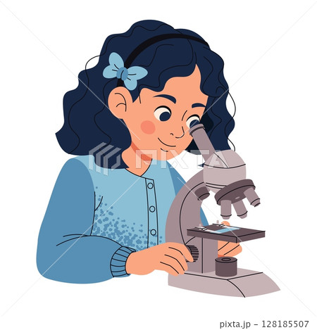 Schoolgirl Looking Through Microscope in Flat Style, Science Class Illustration. Child Doing Biology Lab Experiment, Education Concept. Perfect for Posters, School Projects, and Science Fair Schoolgirl Looking Through Microscope in Flat Style, Science Class Illustration. Child Doing Biology Lab Experiment, Education Concept. Perfect for Posters, School Projects, and Science Fair 128185507