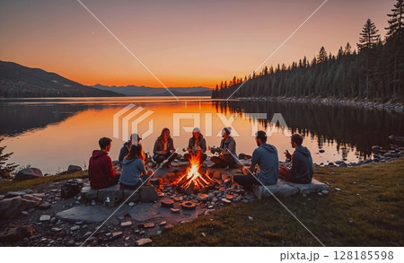 Group of people are sitting around a fire by a lake. The fire is lit and the group is enjoying each other's company. The atmosphere is warm and inviting, and the setting is peaceful and serene 128185598
