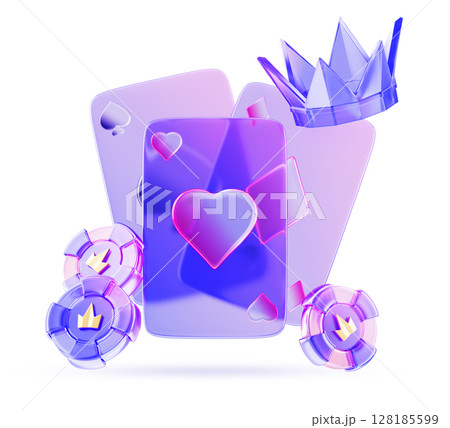 3d glass holographic casino playing cards, neon poker chips with gold crown icon render. Vip gambling tokens and ace bet for roulette or blackjack, deck of hearts, diamonds, spades. 3D illustration 128185599