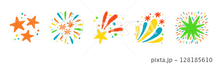 Crayon doodle firework symbol. Hand drawn firework pencil sketch. Chalk color magic sparkle. Crayon texture starburst. Vector illustration on white background Crayon doodle firework symbol. Hand drawn firework pencil sketch. Chalk color magic sparkle. Crayon texture starburst. Vector illustration on white background 128185610