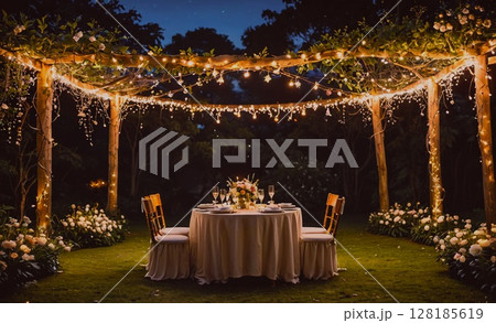 Table with two chairs and a tablecloth is set up in a garden. The table is surrounded by flowers and there are lights hanging from the ceiling. Scene is romantic and intimate Table with two chairs and a tablecloth is set up in a garden. The table is surrounded by flowers and there are lights hanging from the ceiling. Scene is romantic and intimate 128185619