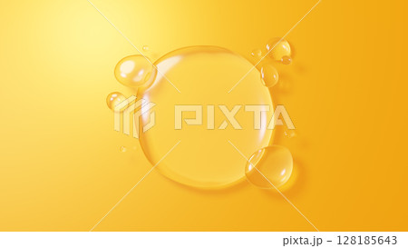 黄色背景に複数の水滴の背景素材。3D（横長） 128185643