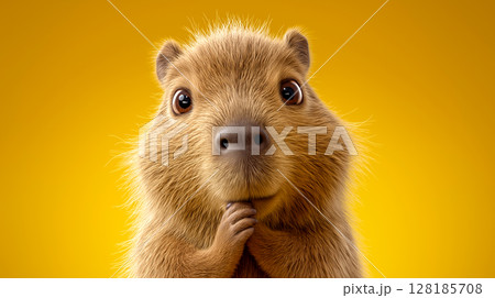 Capybara looking curiously with folded paws against a bright yellow background 128185708