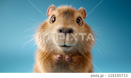 Cute capybara looks playfully at the viewer with a blue background 128185713