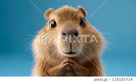 Cute capybara with expressive eyes against a vibrant blue background 128185714