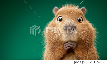 Cute capybara with wide eyes sits contentedly against a vibrant green background 128185717
