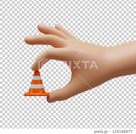 Hand Placing a Miniature Traffic Cone Minimalist 3D Rendering in a Soft And Smooth Renderer 128186077