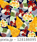 カラフルなかき氷がびっしり描かれたシームレスパターン 128186095