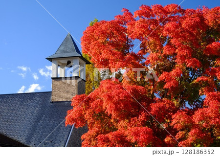 釣鐘と紅葉が青空に映える　【相模原市津久井　11月】 128186352