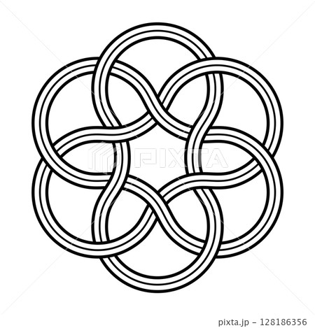 Three interlaced loops, symbol of Trinity. Three intertwined ribbons leading to a six-petaled knot, used in Christian ornamentation, representing the union of Father, Son Jesus Christ and Holy Spirit. Three interlaced loops, symbol of Trinity. Three intertwined ribbons leading to a six-petaled knot, used in Christian ornamentation, representing the union of Father, Son Jesus Christ and Holy Spirit. 128186356