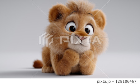 Cute lion cub with large expressive eyes on a pure white background 128186467