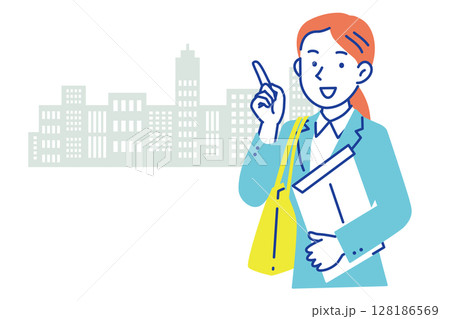 ビルをバックに笑顔で指差しするビジネススーツ姿の女性イラスト 128186569