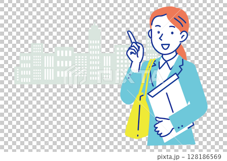 ビルをバックに笑顔で指差しするビジネススーツ姿の女性イラスト 128186569