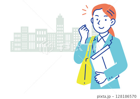 ビルをバックに笑顔でガッツポーズするビジネススーツ姿の女性イラスト 128186570