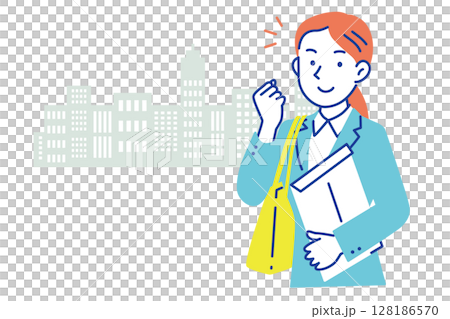 ビルをバックに笑顔でガッツポーズするビジネススーツ姿の女性イラスト 128186570