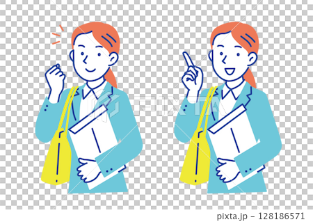 Illustration of a smiling woman in a business suit holding an envelope and a bag Illustration of a smiling woman in a business suit holding an envelope and a bag 128186571