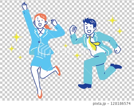 男女商人笑著跳起來，全身 128186574