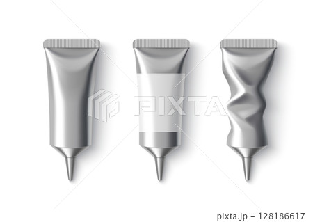 Silver metal cream tubes with pointed nozzle tips Silver metal cream tubes with pointed nozzle tips 128186617