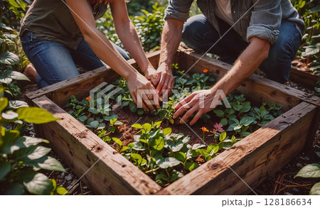 Two people are planting flowers in a wooden box. Scene is peaceful and relaxing, as the couple is working together in a garden 128186634