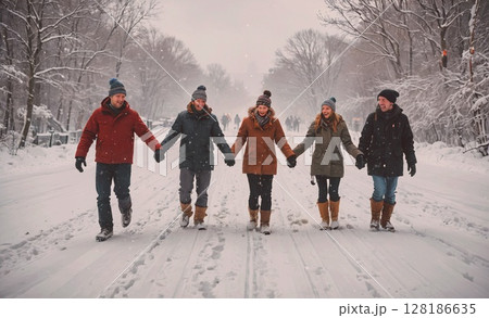 Group of people are walking down a snowy road, holding hands. Scene is warm and friendly, as the group appears to be enjoying each other's company 128186635
