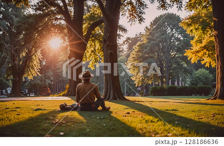 Man is sitting on the grass in a park, wearing a hat and looking at the sun. The sun is shining brightly, casting a warm glow on the man and the surrounding area. The park is filled with trees 128186636
