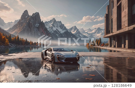 Silver car is parked in front of a mountain range. The car is a Porsche and is parked on a lake. The scene is serene and peaceful, with the mountains in the background and the lake reflecting the car 128186649