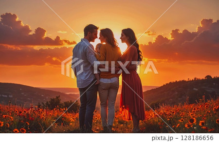 Family of four stands in a field of flowers, with the sun setting behind them. The woman in the red dress is holding a baby, and the man is standing behind them. Scene is warm and peaceful 128186656