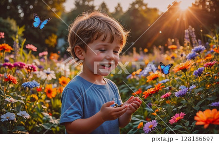 Young boy is holding a butterfly in his hand while standing in a field of flowers. The scene is bright and cheerful, with the sun shining down on the flowers and the butterfly 128186697
