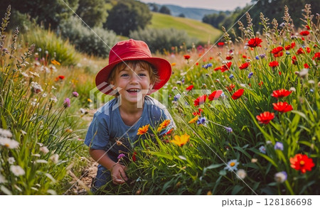 Young boy is smiling and wearing a red hat while standing in a field of flowers. The scene is bright and cheerful, with the boy's happiness and the colorful flowers creating a positive and uplifting 128186698