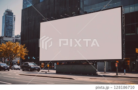 Large billboard sits on a city street, with a black car parked in front of it. The billboard is empty, and the city skyline in the background creates a sense of urban life and activity 128186710