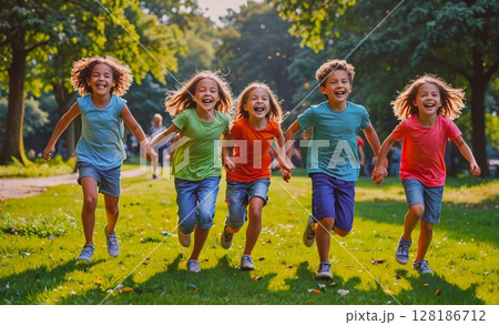 Group of children are running in a park, with some wearing colorful shirts. Scene is joyful and energetic, as the children are having fun and enjoying their time outdoors Group of children are running in a park, with some wearing colorful shirts. Scene is joyful and energetic, as the children are having fun and enjoying their time outdoors 128186712