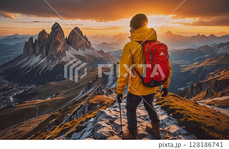 Man wearing a yellow jacket and a red backpack stands on a mountain top. The sun is setting behind him, casting a warm glow over the landscape. Concept of adventure and exploration 128186741