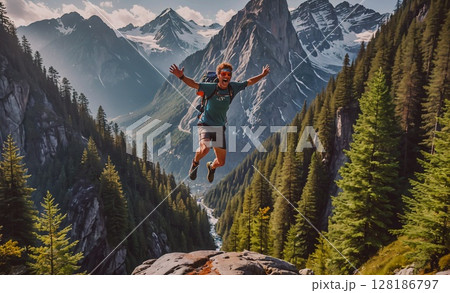 Man is jumping in the air in front of a mountain range. The scene is full of energy and excitement, as the man is captured in mid-air with his arms outstretched Man is jumping in the air in front of a mountain range. The scene is full of energy and excitement, as the man is captured in mid-air with his arms outstretched 128186797