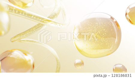 3d background with gold oil drops texture, yellow omega bubbles, liquid collagen or serum. Cosmetic spheres, splashes and waves. Clear keratin droplets for hair care. Fluid fuel flow. 3D illustration 3d background with gold oil drops texture, yellow omega bubbles, liquid collagen or serum. Cosmetic spheres, splashes and waves. Clear keratin droplets for hair care. Fluid fuel flow. 3D illustration 128186831