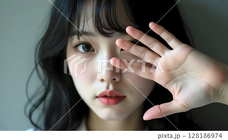 手の甲で顔半分を覆い隠す予言者の女性 128186974