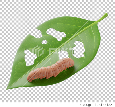 Caterpillar Eating a Green Leaf Minimalist 3D Rendering in a Soft And Smooth Renderer 128187182