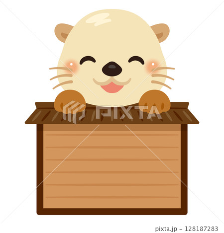木製看板に乗った笑顔のラッコのキャラクターイラスト 128187283