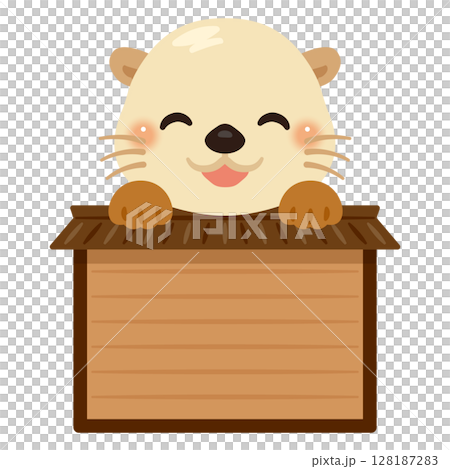 木製看板に乗った笑顔のラッコのキャラクターイラスト 128187283