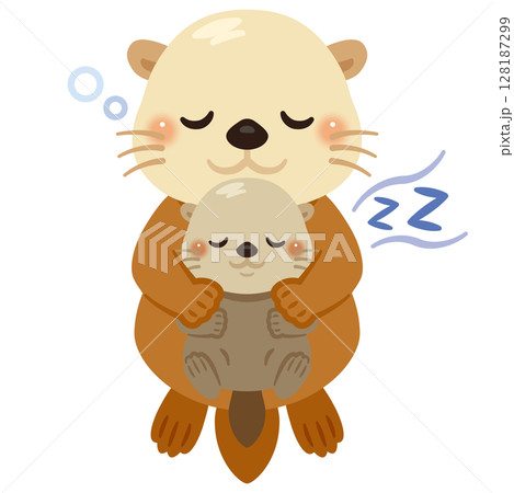 仰向けで子どもを抱っこして眠るラッコ親子のイラスト 仰向けで子どもを抱っこして眠るラッコ親子のイラスト 128187299
