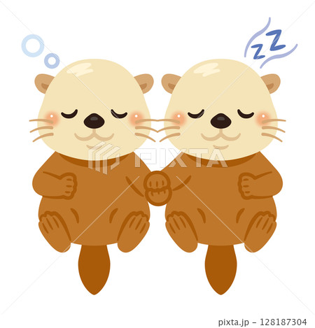 手を繋いで眠るラッコのイラスト 手を繋いで眠るラッコのイラスト 128187304