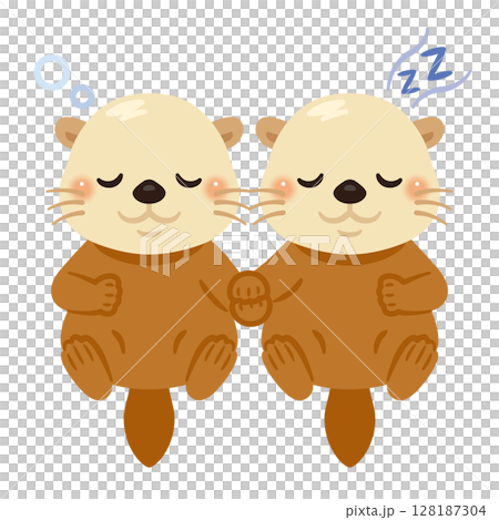 手を繋いで眠るラッコのイラスト 手を繋いで眠るラッコのイラスト 128187304