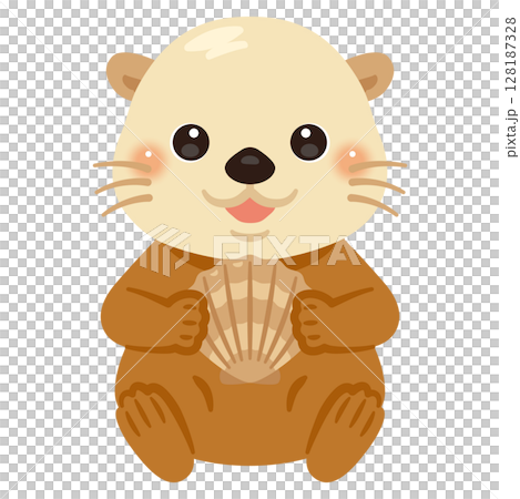 一隻坐著的海獺拿著貝殼的插圖 128187328