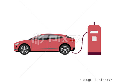 Electric smart car charging parking at the charger station with a plug in cable Electric smart car charging parking at the charger station with a plug in cable 128187357