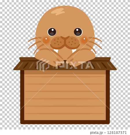 木製看板に乗ったセイウチのキャラクターイラスト 128187371
